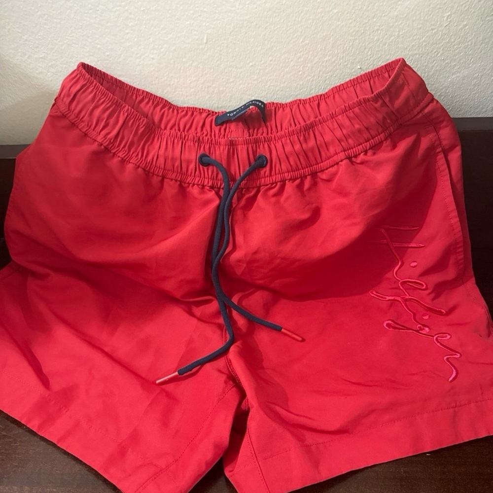 Tommy Hilfiger Bright Red Swim Trunks with Navy Drawstring
